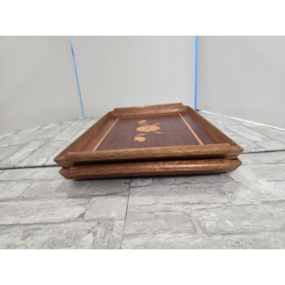 2 Vintage Mid Century Riekes Crisa Wood Inlay Tray Spline Joints Floral Motif